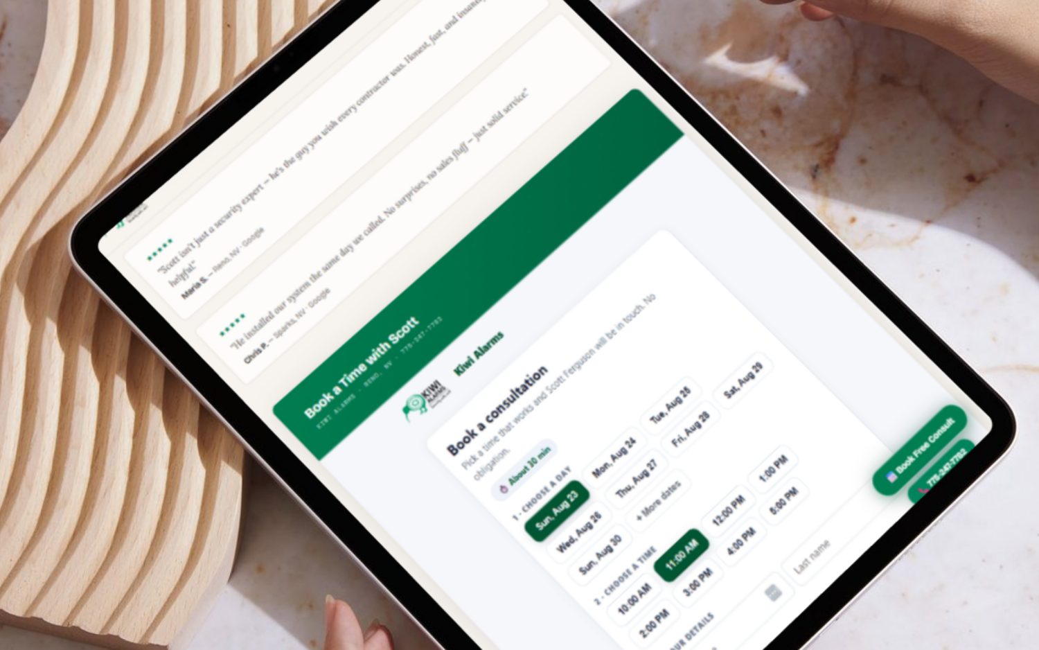 A FieldStacker online booking widget on a business's website letting a customer pick a day and time for a free consultation