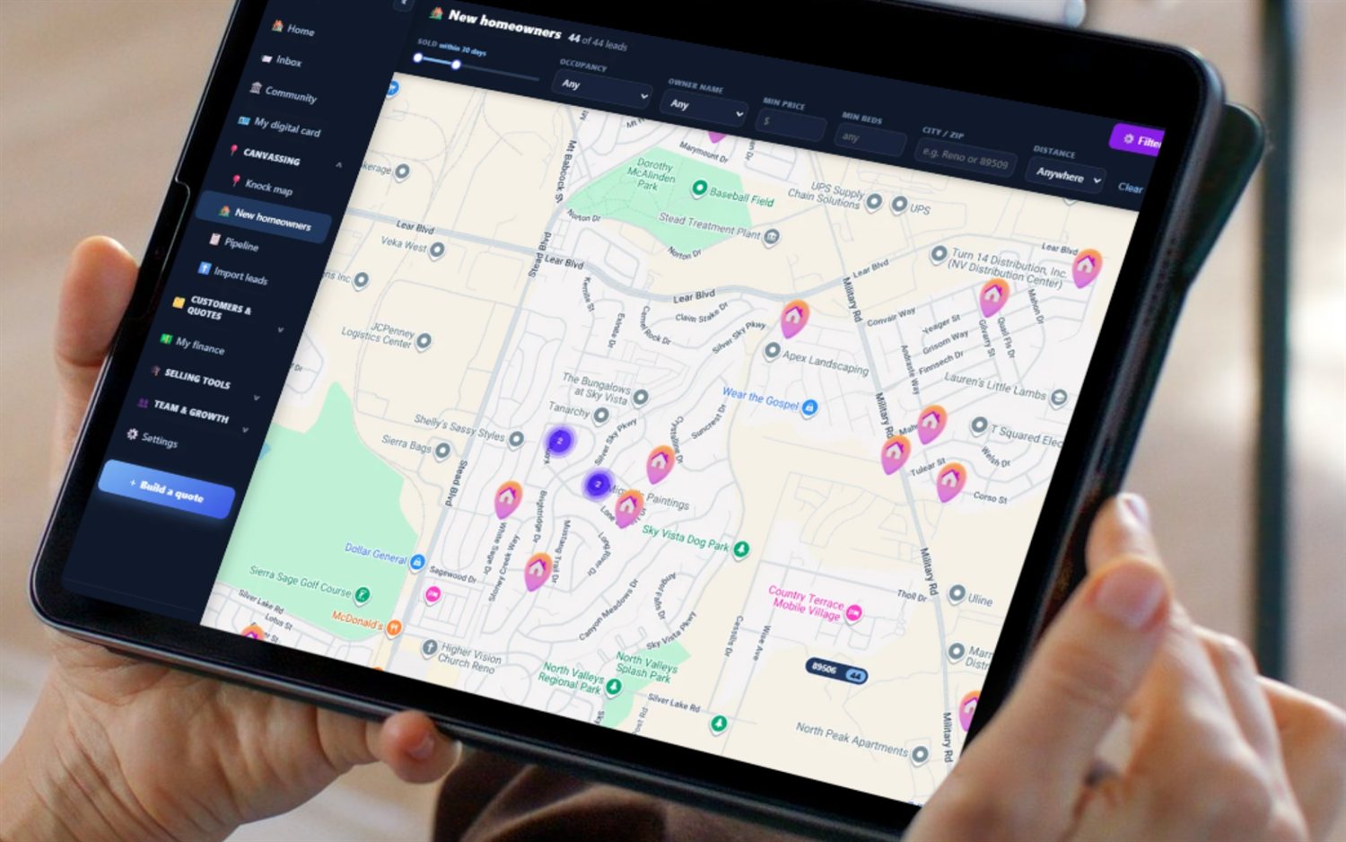 FieldStacker New Homeowners map with recently-sold homes shown as pins, plus filters for sold date, occupancy and owner name