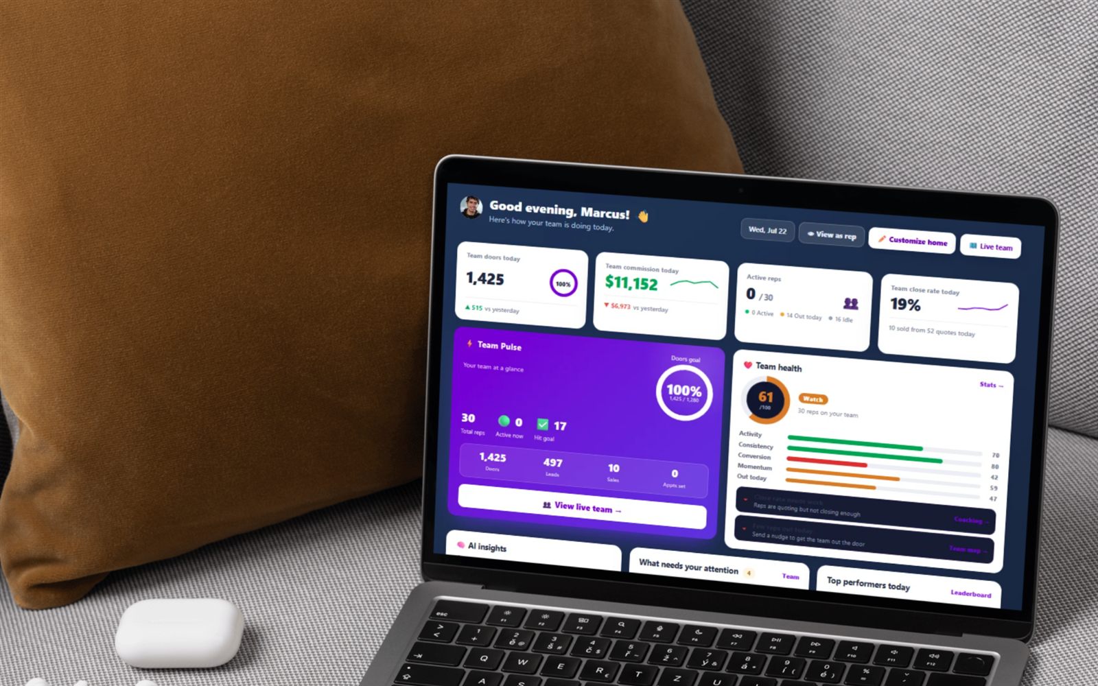FieldStacker Team Manager home dashboard: a Team Health score, reps flagged as needing help, AI coaching insights, top performers and the full team roster