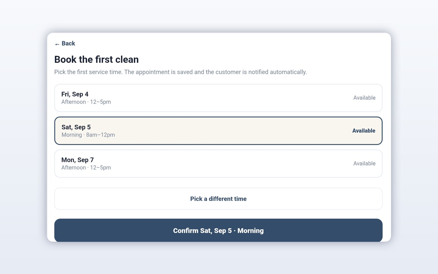 Booking the first window clean in FieldStacker — three offered arrival slots with morning and afternoon windows, ready to confirm and notify the customer