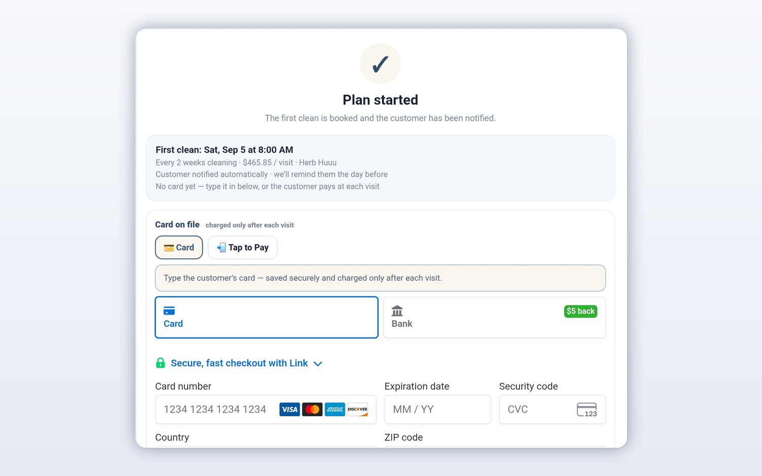 A started window-cleaning plan in FieldStacker with the first clean booked and a card being saved on file, to be charged only after each visit