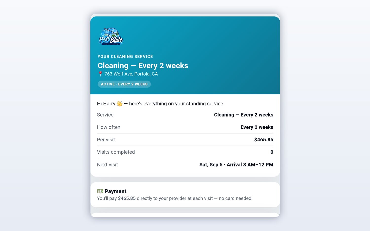 A window-cleaning customer's own service page on their phone, showing their every-two-weeks plan, the price per visit and the next scheduled visit