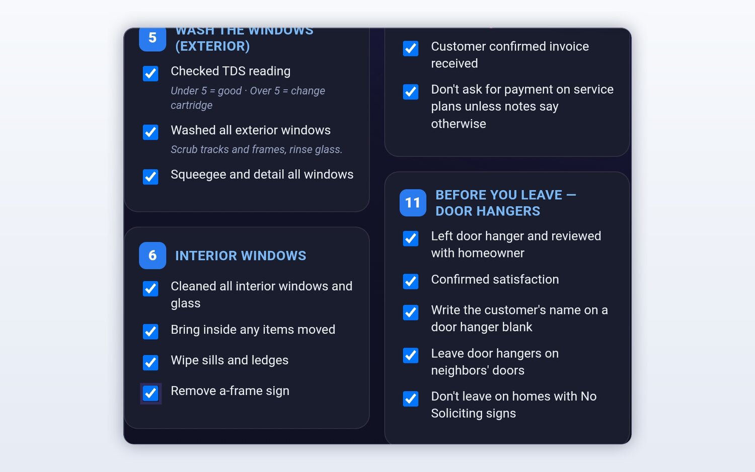 The FieldStacker window-cleaning job checklist on a phone — wash the exterior windows with a TDS reading check, interior windows, and a before-you-leave door hanger section, each step ticked off
