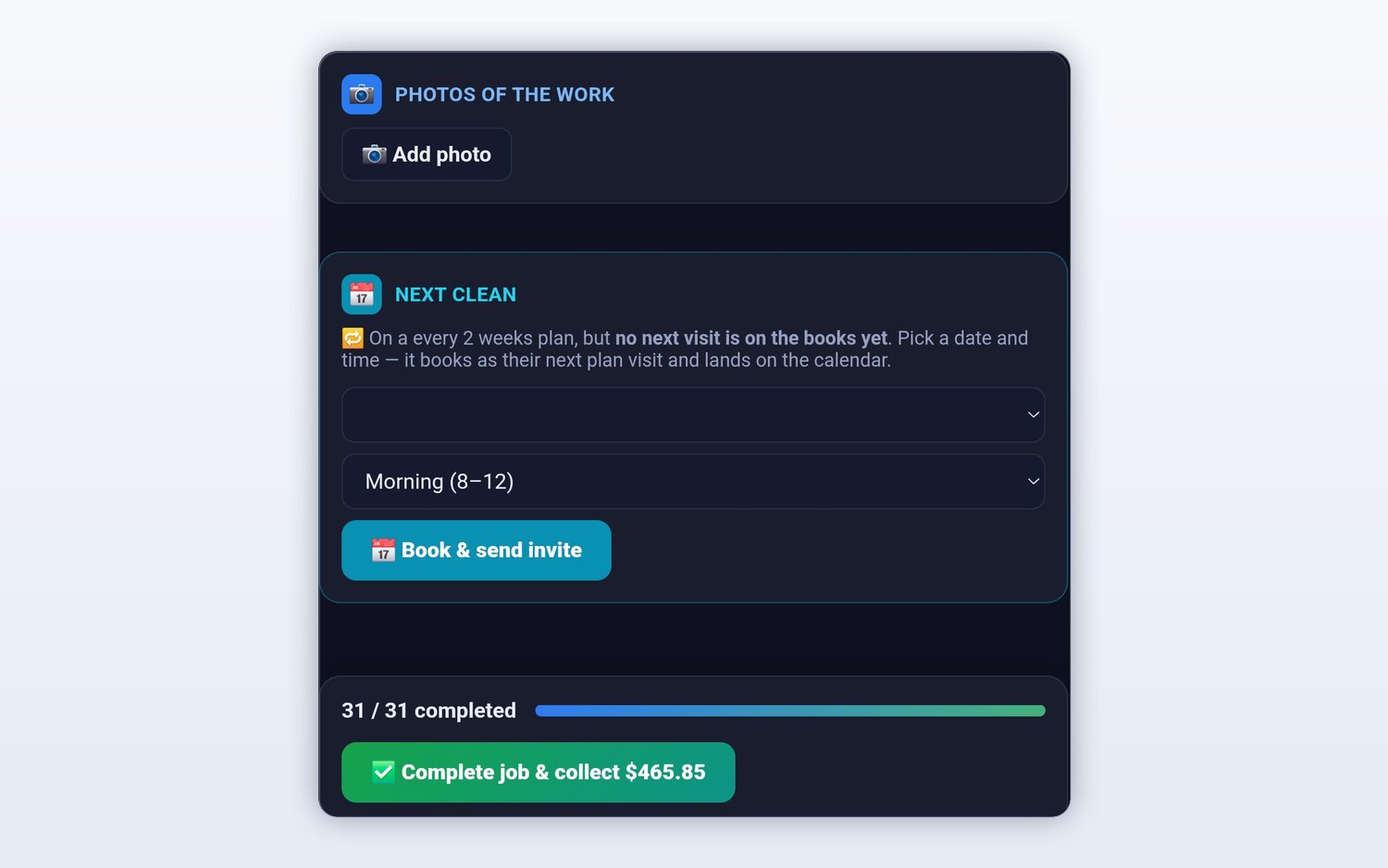 The end of a FieldStacker window-cleaning job — photos of the work, a next-clean date picker that books the customer's next plan visit, and a complete-job button that collects the payment