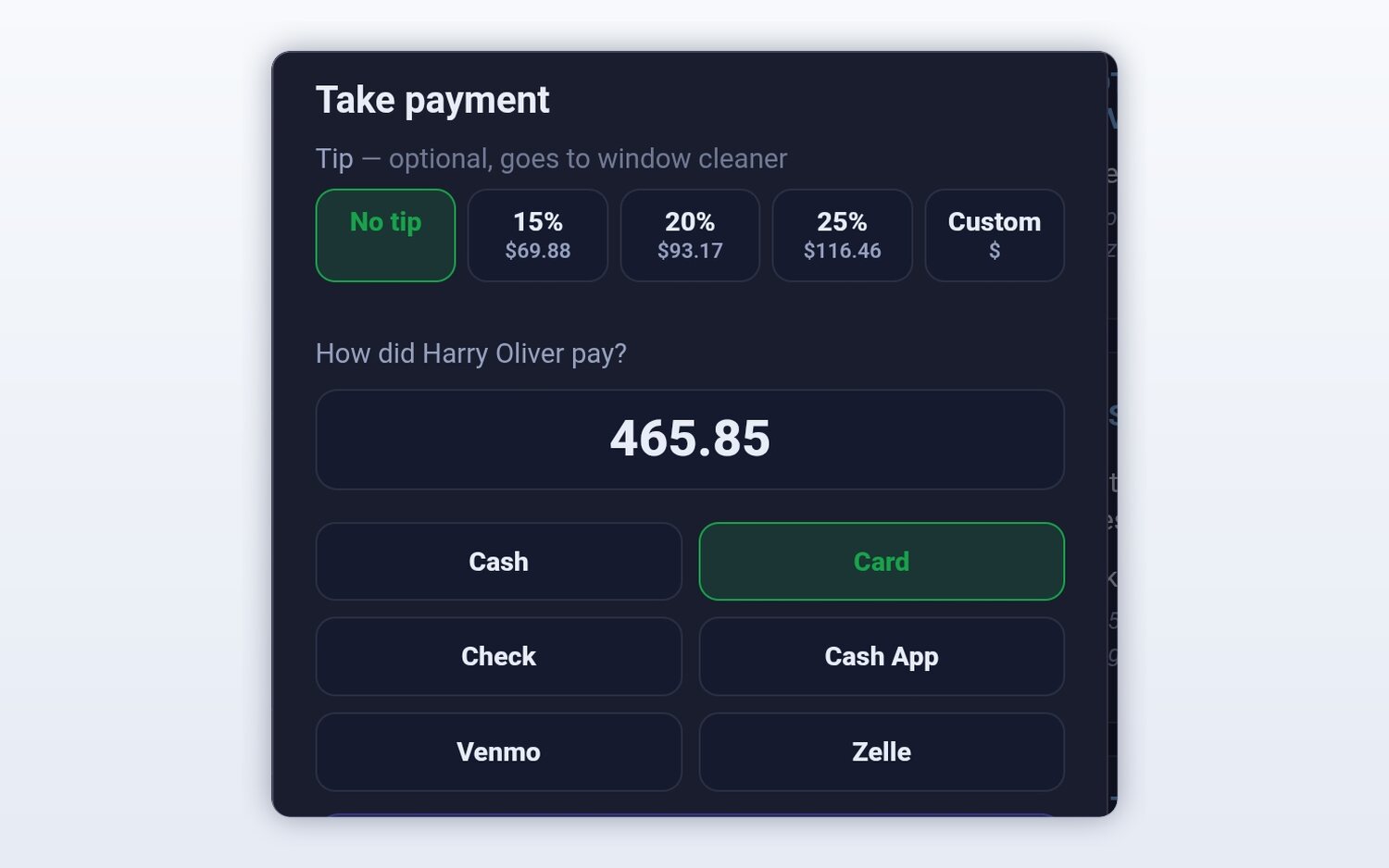 Taking payment for a window clean on a phone — an optional tip that goes to the window cleaner, and buttons to record cash, card, check, Cash App, Venmo or Zelle