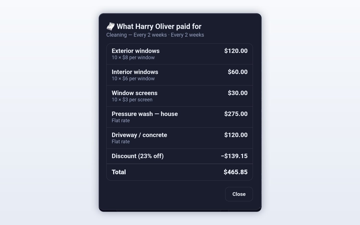 An itemised window-cleaning quote breakdown — exterior windows, interior windows, screens, house pressure wash and driveway, with a recurring discount applied and the total